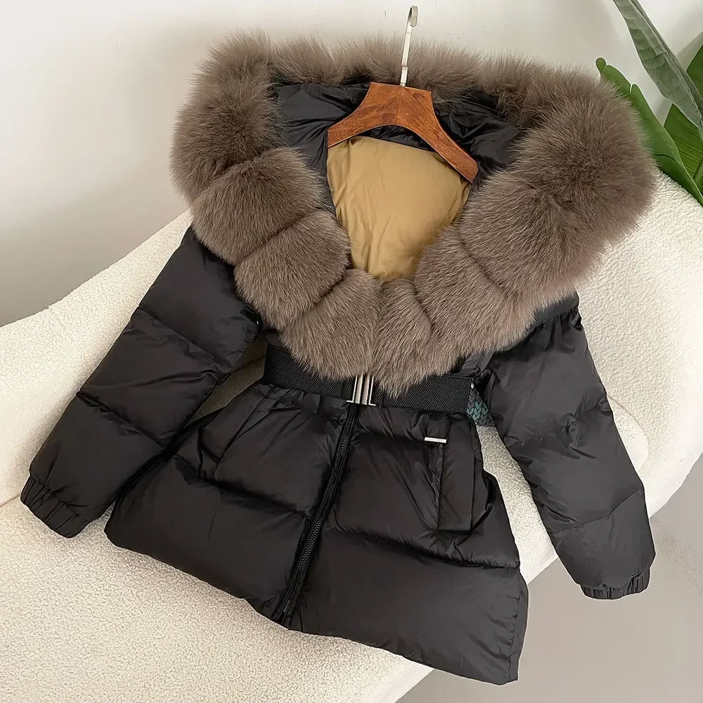 Piumino Parka femminile Piumino invernale impermeabile Piumino d'anatra bianco Piumino da donna Nuova vera pelliccia di volpe con cappuccio spesso caldo