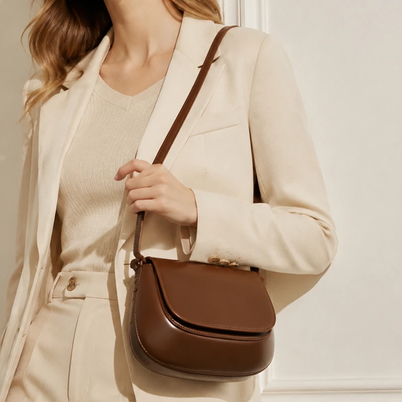 HIFASHION Small Smooth Genuine Leather Saddle Bag Women Retro Minimalist Flap Crossbody Shoulder Purses Daily Elegant Handbags