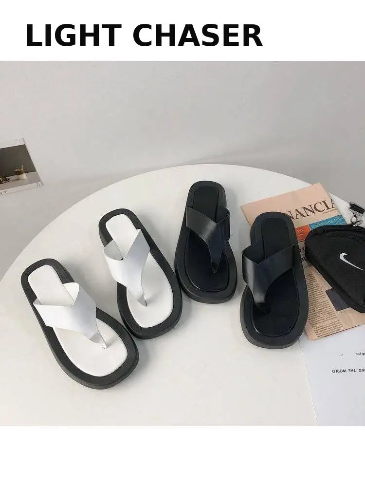 Novelty Thick Bottom Flip Flop Flat Slippers Women Split Toe Platform Leather Slippers Summer Luxury Casual loafers Slippers