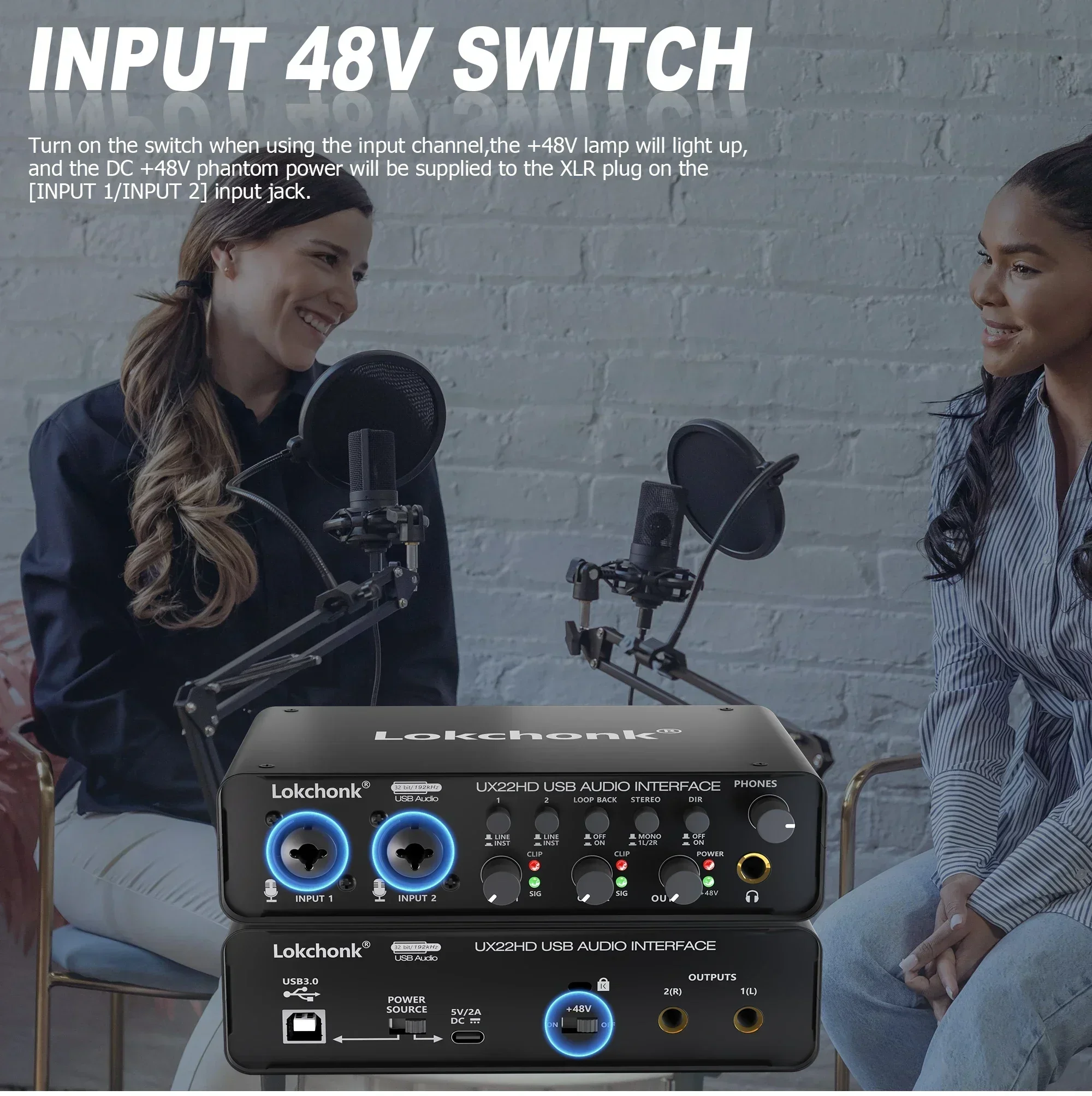 Interfejs audio US.EU UX22, karta dźwiękowa 32-bit/192KHz, przetwornik AD, nagrywanie gitary elektrycznej na żywo, profesjonalne studio, śpiew.