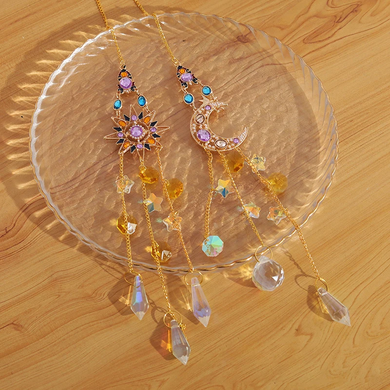 1PC Crystal Pendant Suncatcher Window Prisms Rainbow Maker Vintage Wind Chimes Sun Moon Hanging Ornament Home Garden Decoration