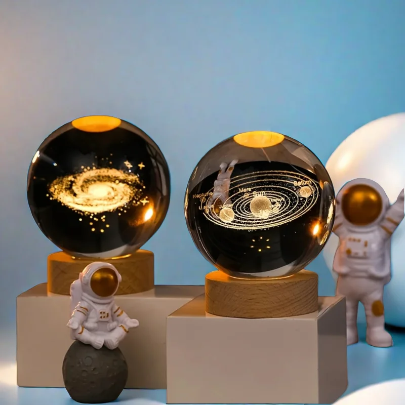 Luz LED nocturna USB, sistema Solar de galaxia, Luna, bola de cristal 3D, novedad, luz nocturna, lámpara de mesa para dormitorio para niños, regalo de cumpleaños