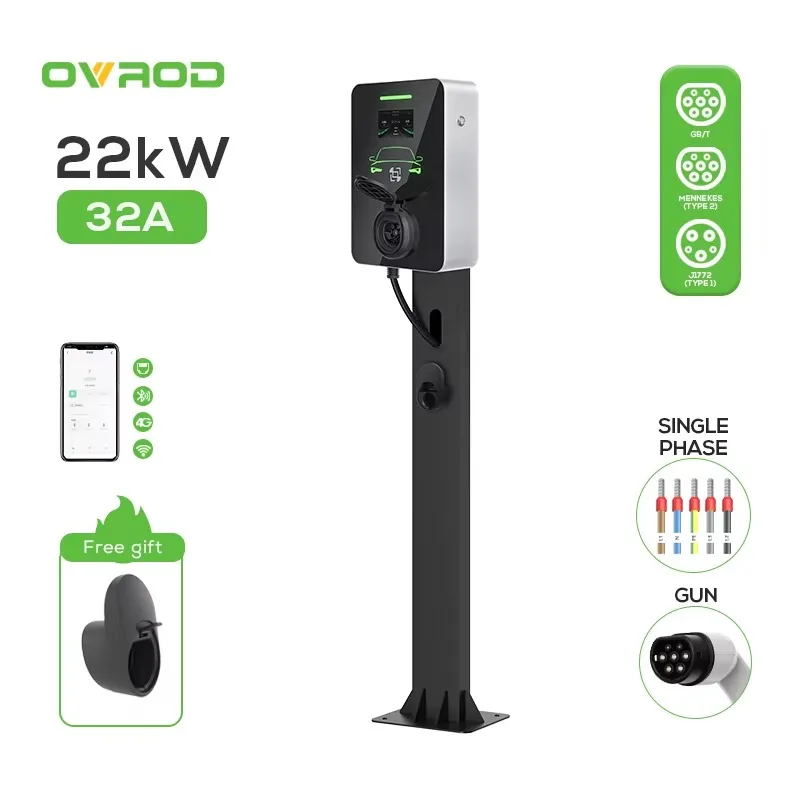 Ovrod 32A Commercial Car Charger Station Floor-Mounted AC Charging Pile App Control 220V 22KW DC EV Charger 7KW Output Power