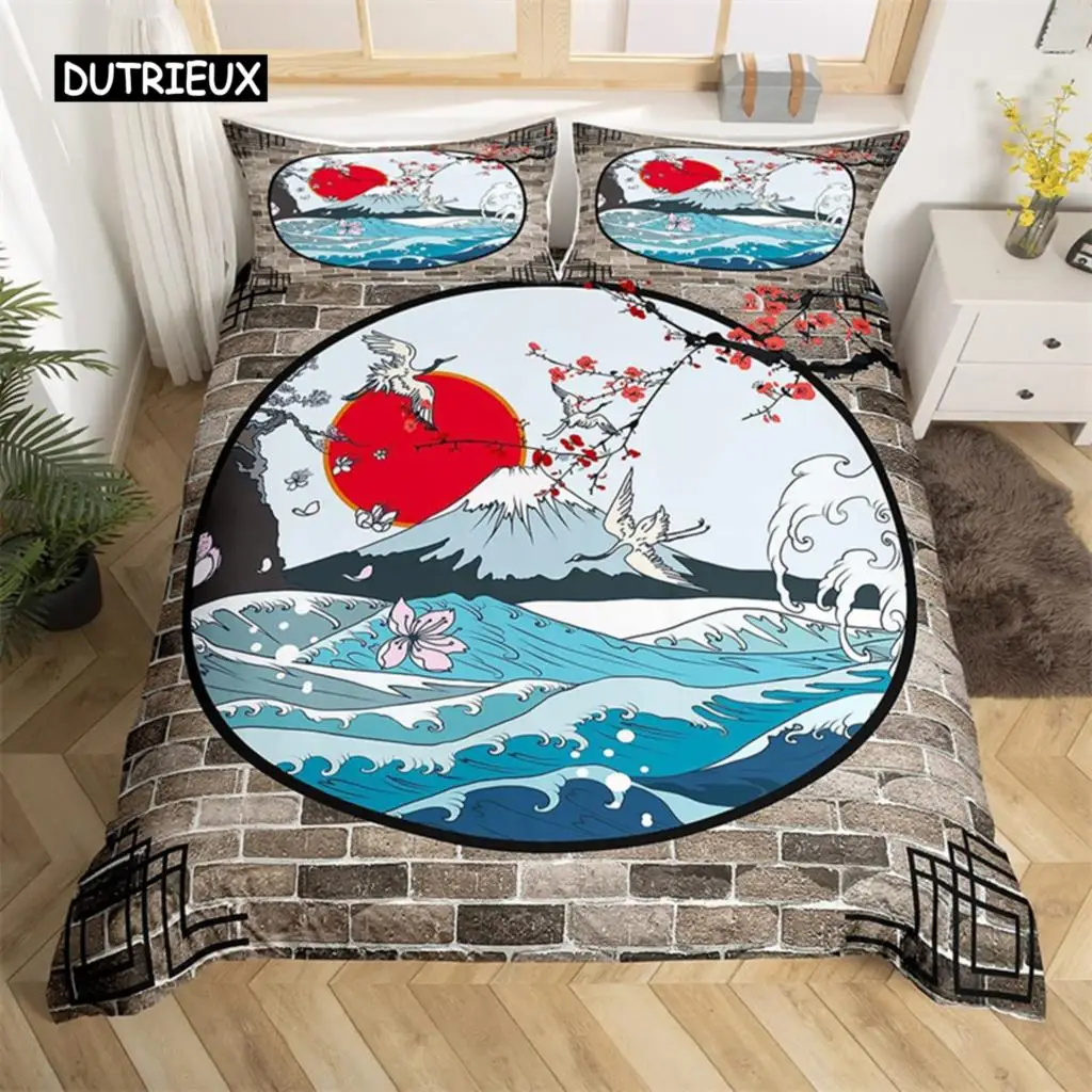 

Japanese Crane Comforter Cover Sea Wave Bedding Set Full King Microfiber Ukiyoe Ethnic Fuji Mountain Cherry Blossoms Duvet Cover