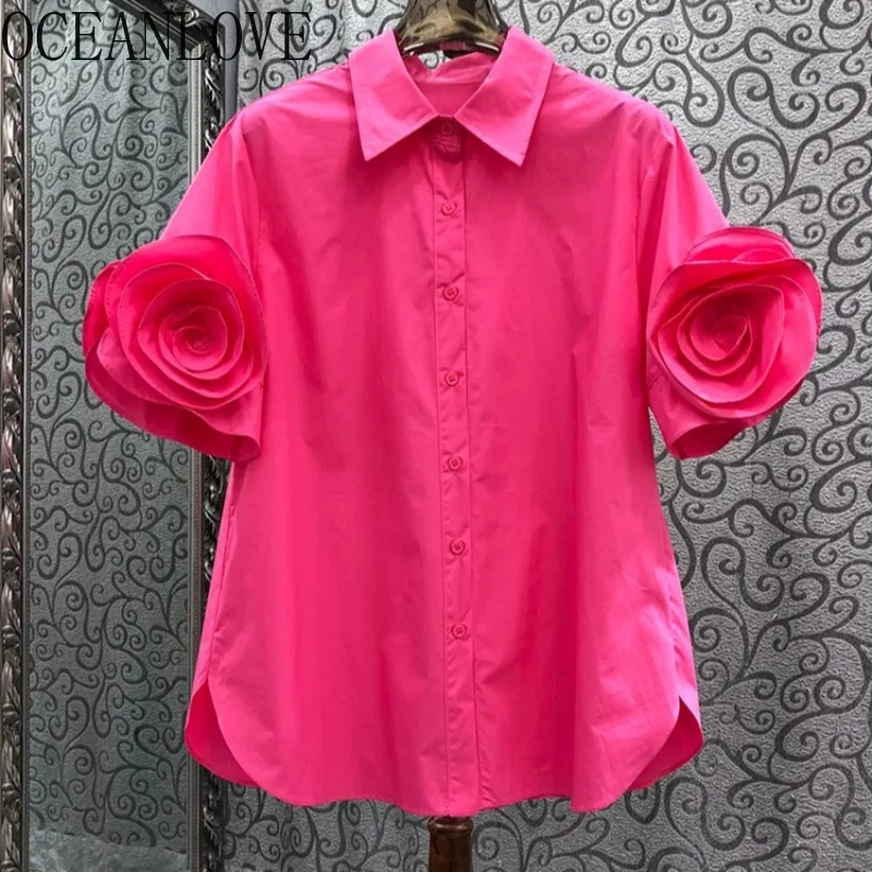 

OCEANLOVE Flowers Women Shirts&blouses Solid Spring Summer Vintage Elegant Blusas Mujer Korean Fashion Chic Sweet Camisas