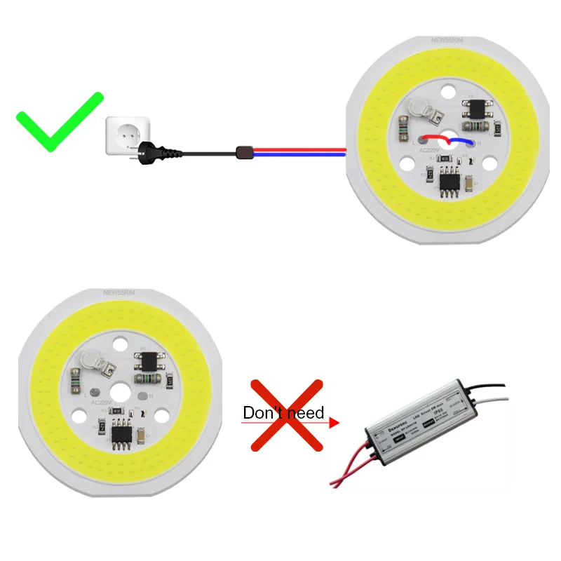 DIY 투광 조명용 LED 전구 칩, 스마트 IC, 드라이버 없음, 원형 DOB 모듈, 3000K, 4000K, 6000K 비즈, COB 220V 칩, 9W, 12W, 15W