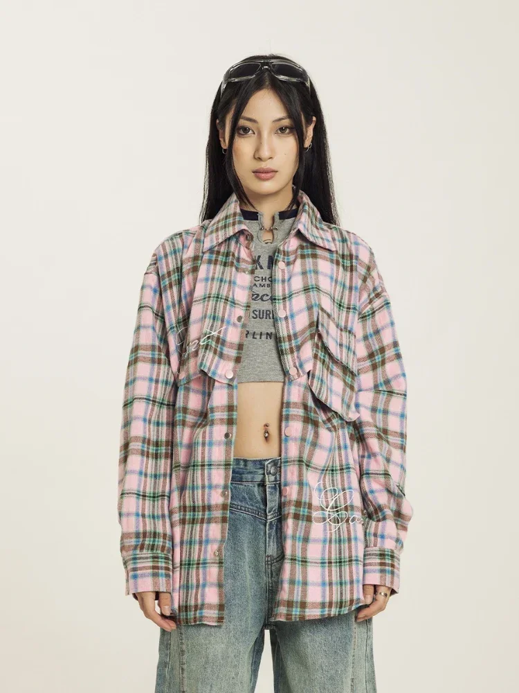 Plaid Shirts Women Contrast Color Slouchy Autumn All-match Removable Baggy Korean Style Sleeve Youthful Hotsweet Couple Clothing