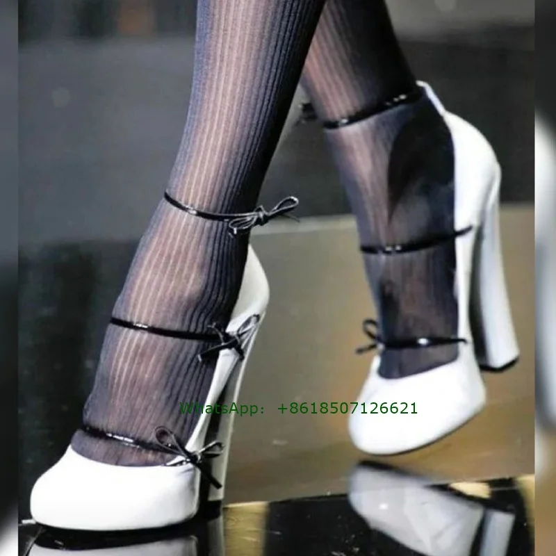 

Fashion Thick Heel High Heels Women'S New Catwalk Round Toe Butterfly-Knot Tie Mary Jane Shoes