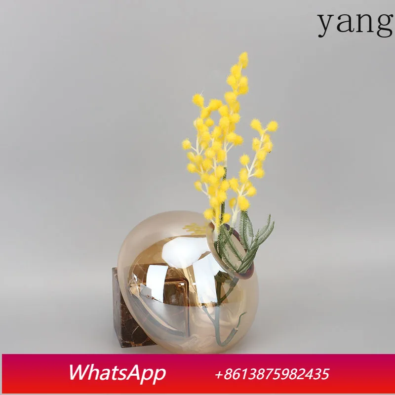 

Transparent brown glass vase creative marble base flower pot desktop decoration
