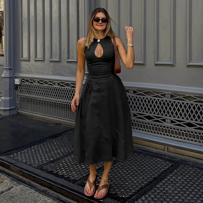 Elegant Black Dress Women Fashion Hollow Out O-neck Sleeveless Party Dresses 2024 Lady Robes Casual Formal Status Graduation New