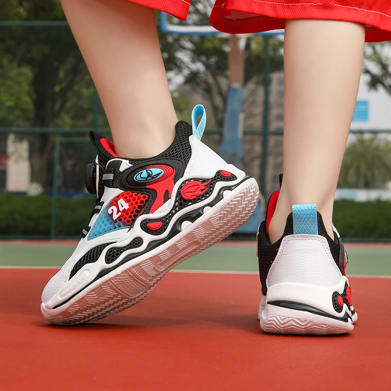 Spring/Summer Basketball Shoes Children's Sports Shoes Boys' Trendy Breathable Shock Absorbing Rotating Button Running Shoes