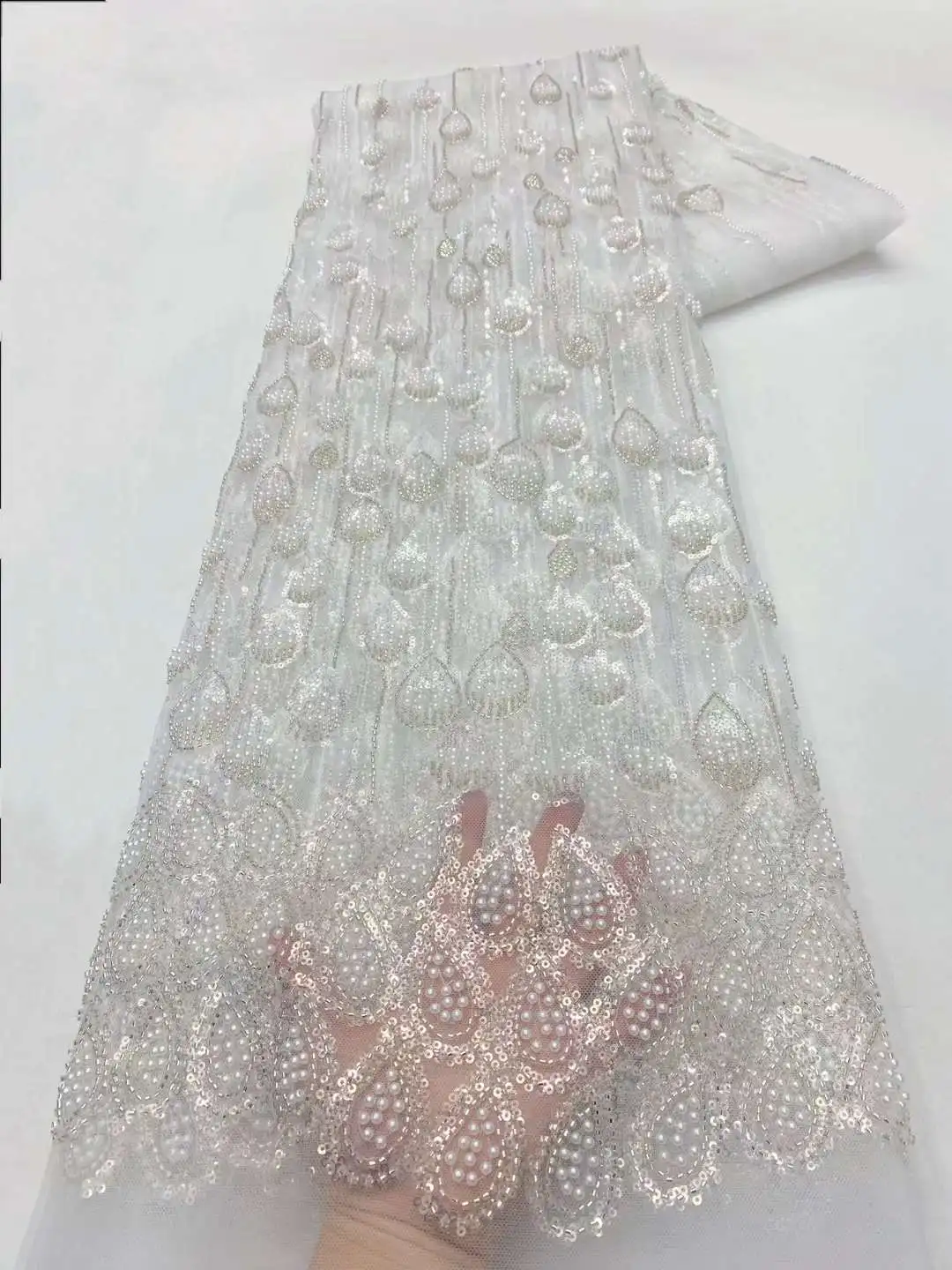 

French Heavy Beaded Lace Fabric 2024 High Quality Lace African Sequins Groom Lace Fabrics For Nigeria Wedding Party Dress Sewing