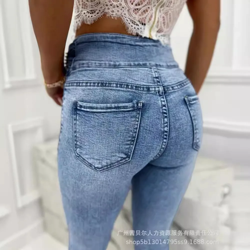 Roupas femininas nova pérola fivela cintura alta calças jeans apertadas calças jeans de cor sólida