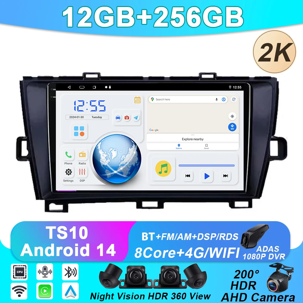 

Android 14 For Toyota Prius XW30 2009 - 2015 Android Auto Car Radio GPS Navigation Multimedia Stereo Carplay 12GB+256GB No 2din
