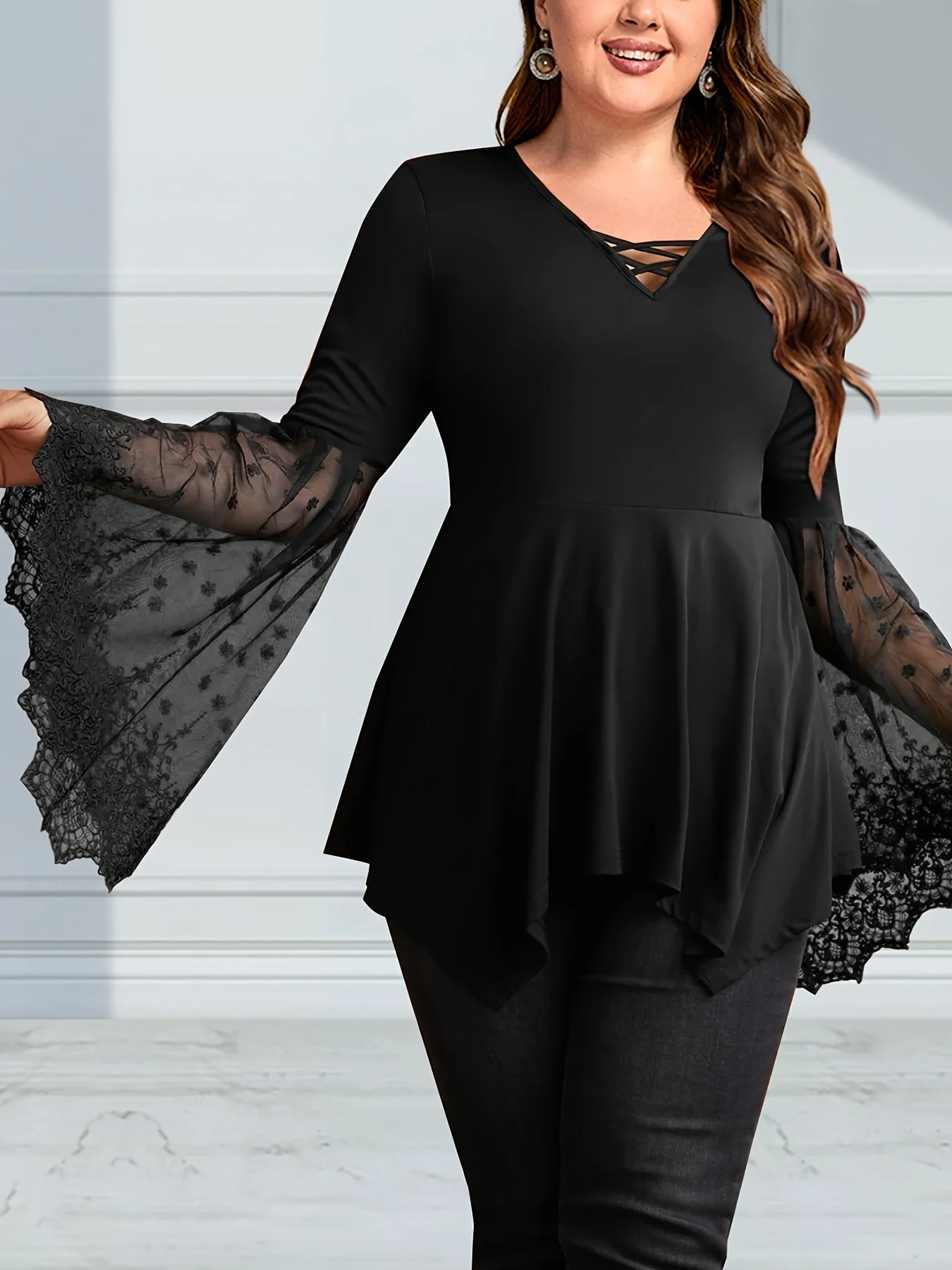 

Women Plus Size Flare Sleeve T shirt V-Neck Lace Mesh Patchwork Black Vintage Tee Tops Long Sleeve Fashion t shirt Tops 2025