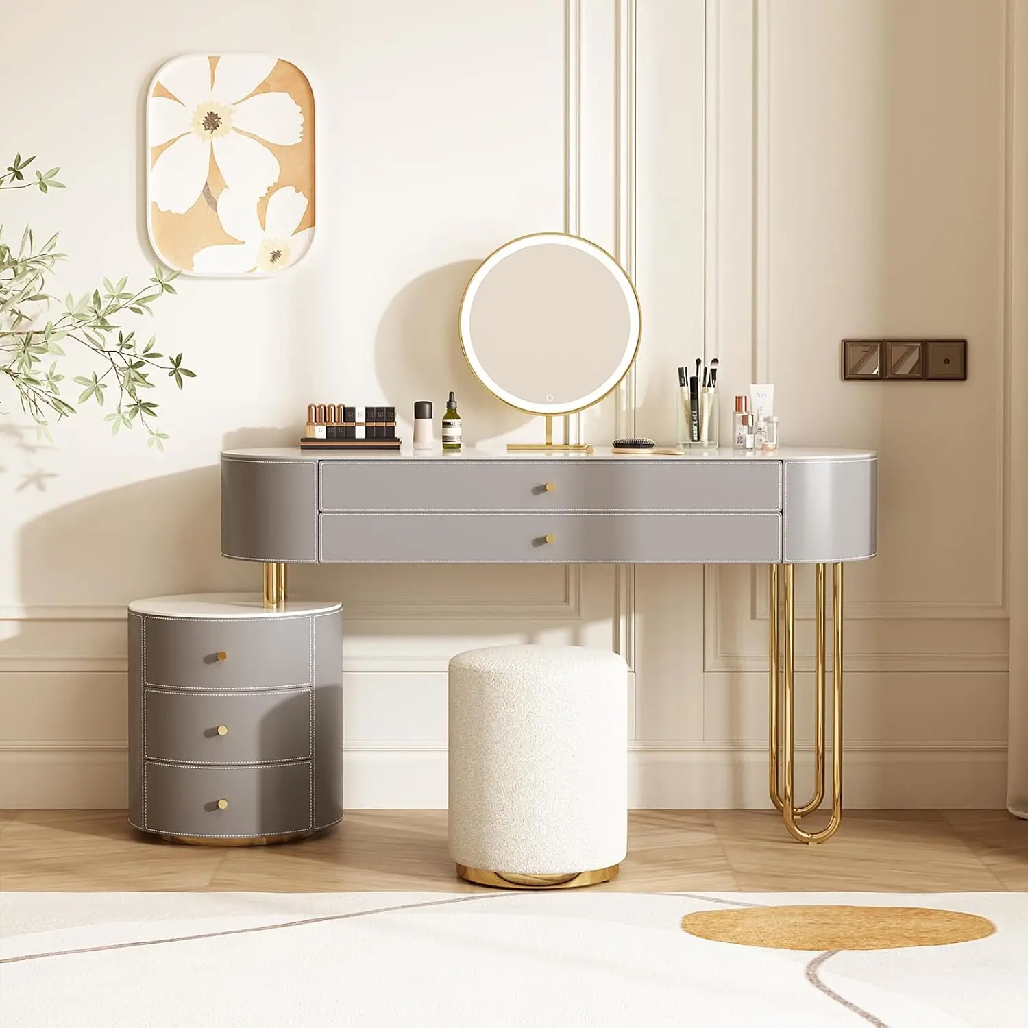 Jahnea Vanity-Elegant Set: Saddle Leather-Finished Top Vanity Table & Stool, Stainless Steel Support, Reversible Installation, a