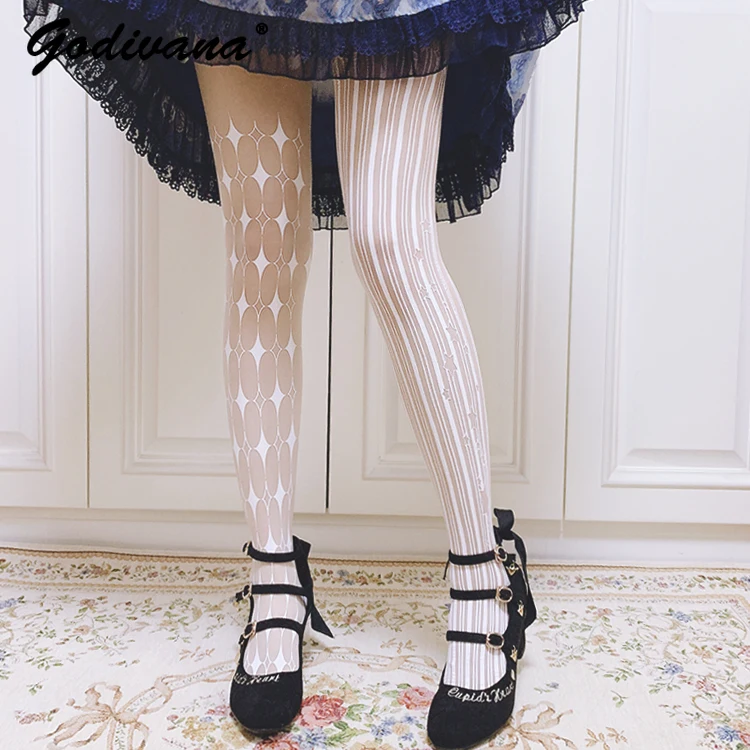 Original Design New Summer Girl Female Lolita Socks Thin Pantyhose Japanese Style Printed Lace White and Black Tights Socks