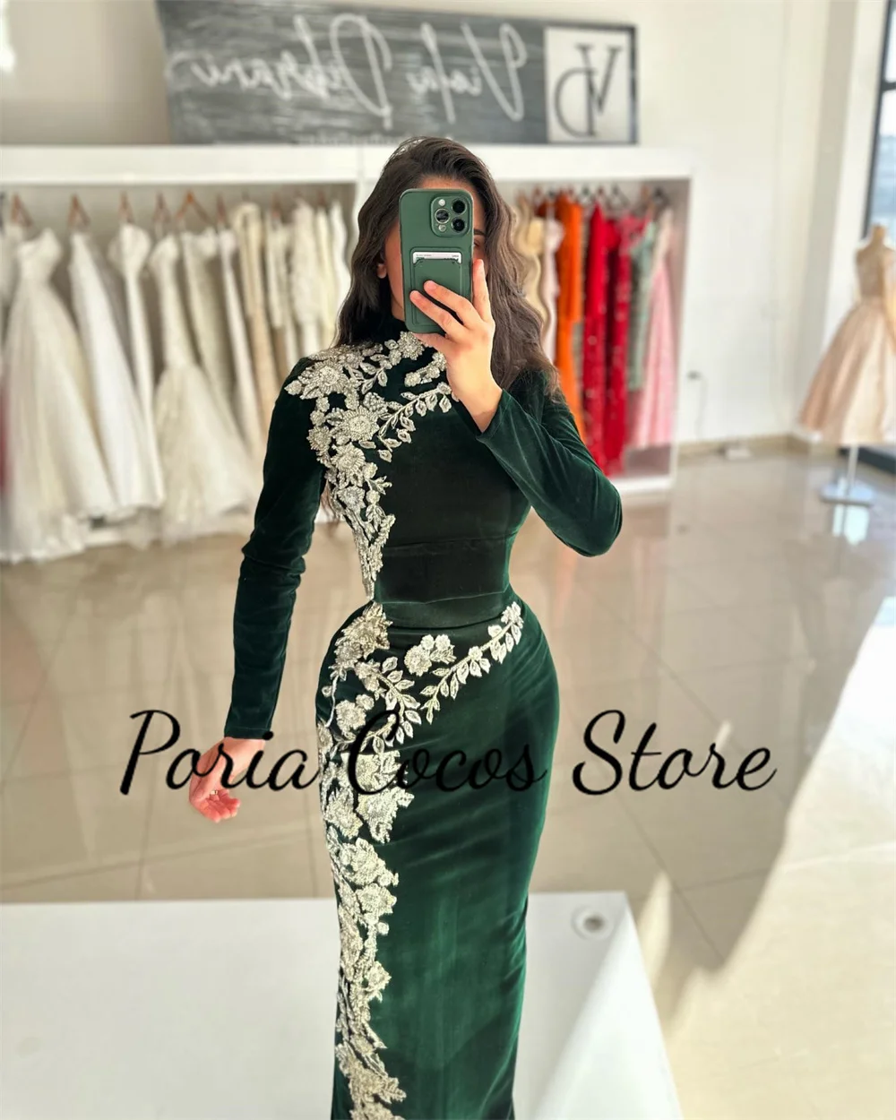 Customized Sheath Velvet Evening Dress High Neck Long Sleeves Applique Pleats Elegant Floor Length Women\'s Party Prom Gown فساتي