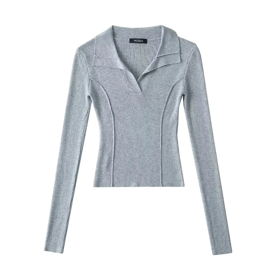 

Ay Long Sve вязаный свитер женский весенне-осенний приталенный крой ort Sle с отложным воротником накладные повседневные рукава для поездок на работу