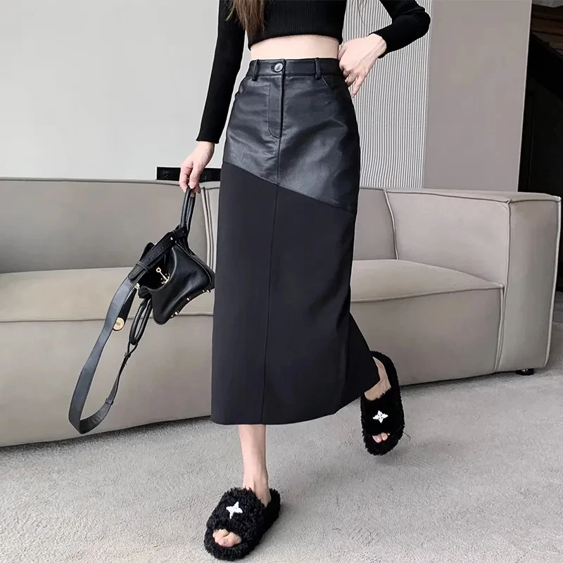 NEW Spring Autumn PU Leather Skirts Women Fashion Patchwork Skirts High Waist Black Silm Split Package Hip Skirks