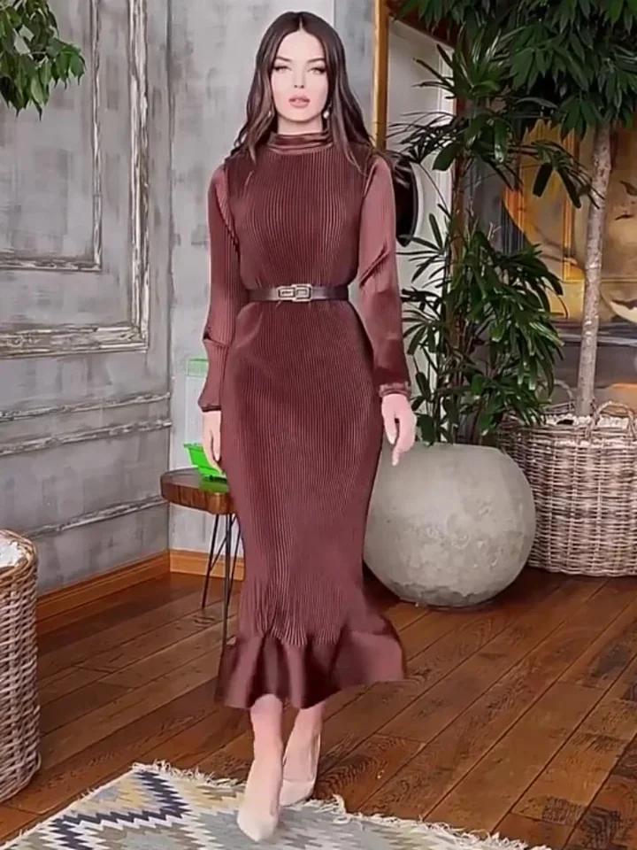 

Eid Dubai Muslim Dress for Women Pleated Long Dresses Abaya Morocco Party Ramadan Belted Vestidos Largo Islam Arab Robe