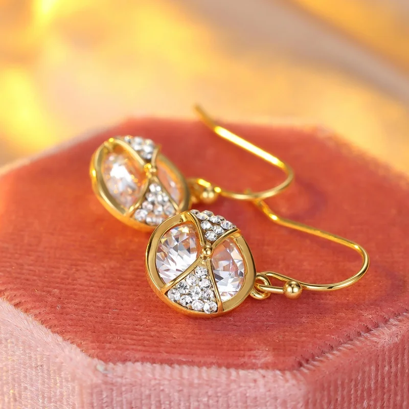 Light Luxury Round Zircon Earrings with Versatile Temperament, High-end Feel, Cross Set Diamond Gold Design, Jewelry Accessories