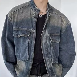 Chaqueta vaquera holgada con bolsillos grandes para hombre, chaqueta informal con cremallera Y2K, color azul nostálgico, con cuello levantado y personalidad americana, para otoño, 2024