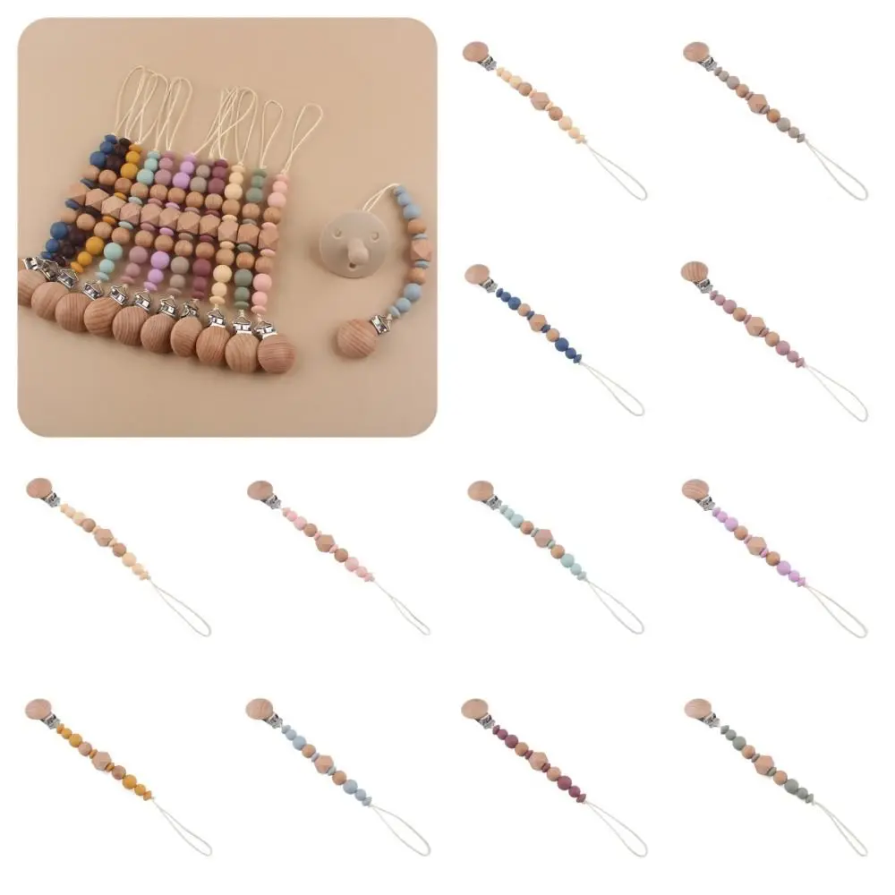 Dummy Clips Pacifier Holder Clips Octagonal Space Beads Wood Baby Pacifier Chain Nipple Holder Clips Soother Holder