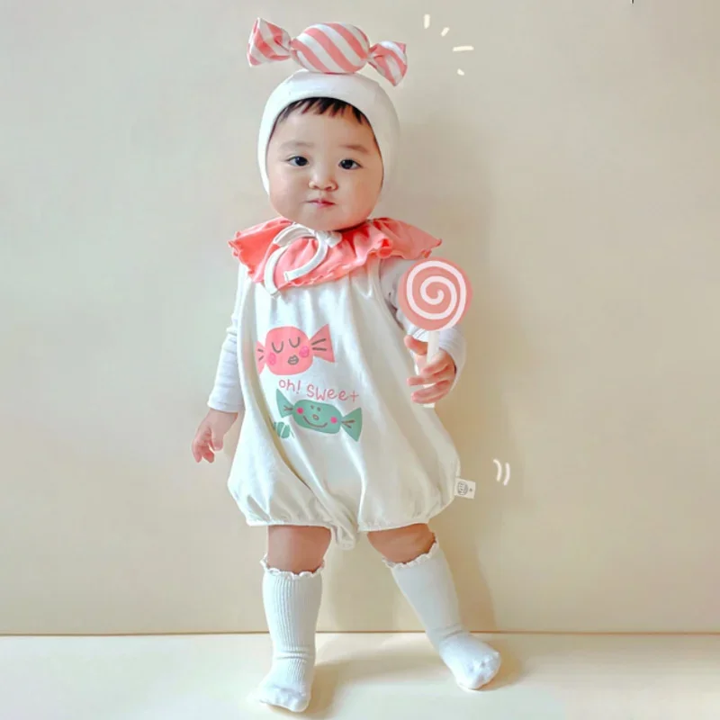 2pcs Funny Candy Newborn Baby Girl Clothes Summer Lovely one-Piece Baby Boy Bodysuits Infant Cotton Short Jumpsuit  with Hat