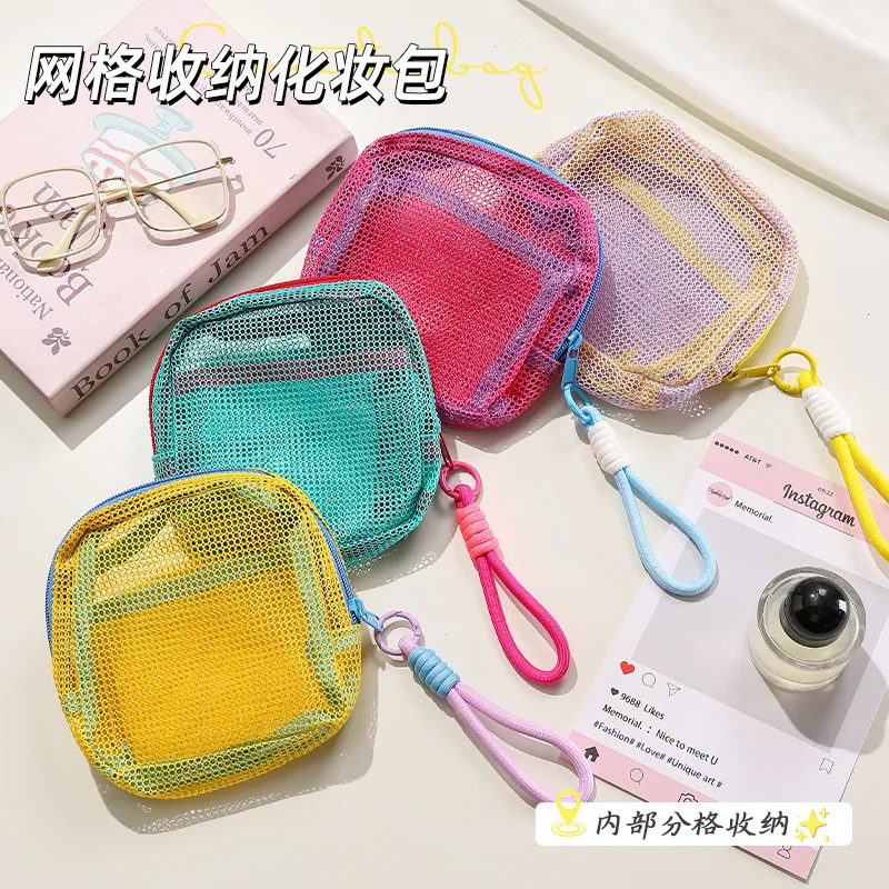 Mini Cute See Through Mesh Makeup Bag Zipper Pouch with Carabiner Lanyard Travel Toiletry Organizer for Cosmetic Accessories view 6