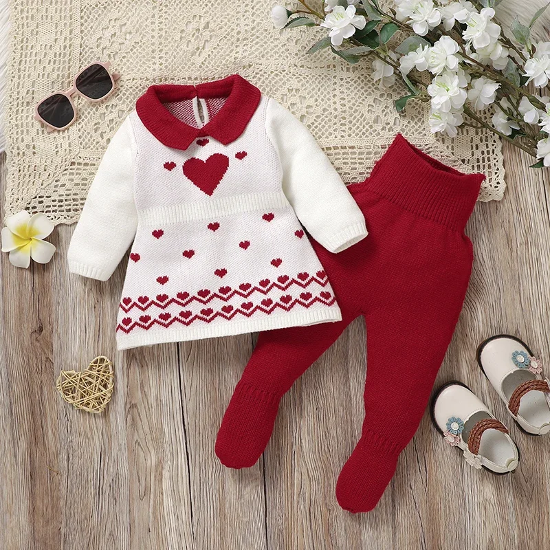 Toddler Outfit Sets Autumn Winter Warm Knit Newborn Infantil Girls Turtle Neck Long Sleeves Sweaters Tops+Trousers Clothes Suits