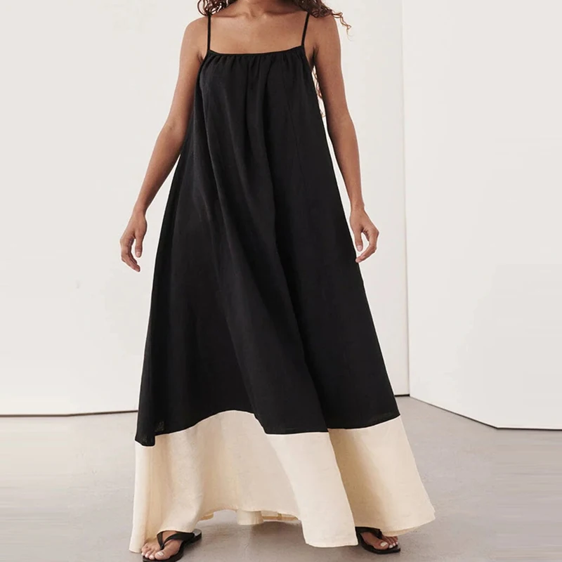 

All Match Suspender Contract Color Beach Dress Chic Elegant Sleeveless Loose Vacation Dress Ladies Women's Pleat Long Dress