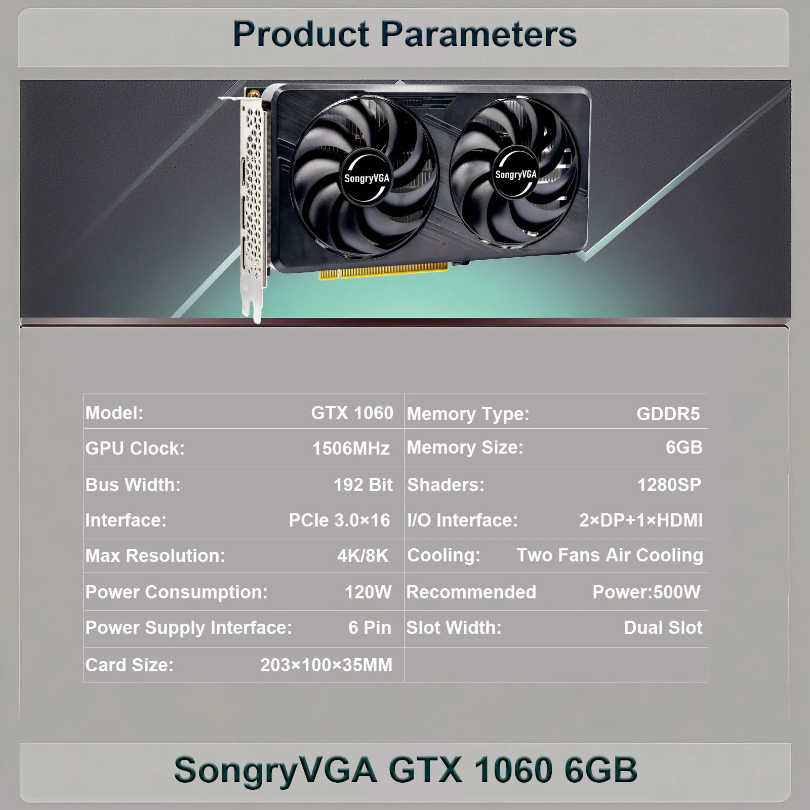 بطاقة رسومات SongryVGA GTX 1060 3/6GB GDDR5، 192 بت 6Pin PCI Express 3.0،4K/8K Ultra HD، تبريد مروحة مزدوجة، ألعاب HDMI 2.0+2x DP