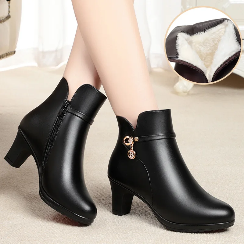 Women's Ladies Mother Famale Winter Ankle Boots Soft Leather Warm Plush Shoes Snow Boots Autumn Winter Zipper Mid Heel Shoes