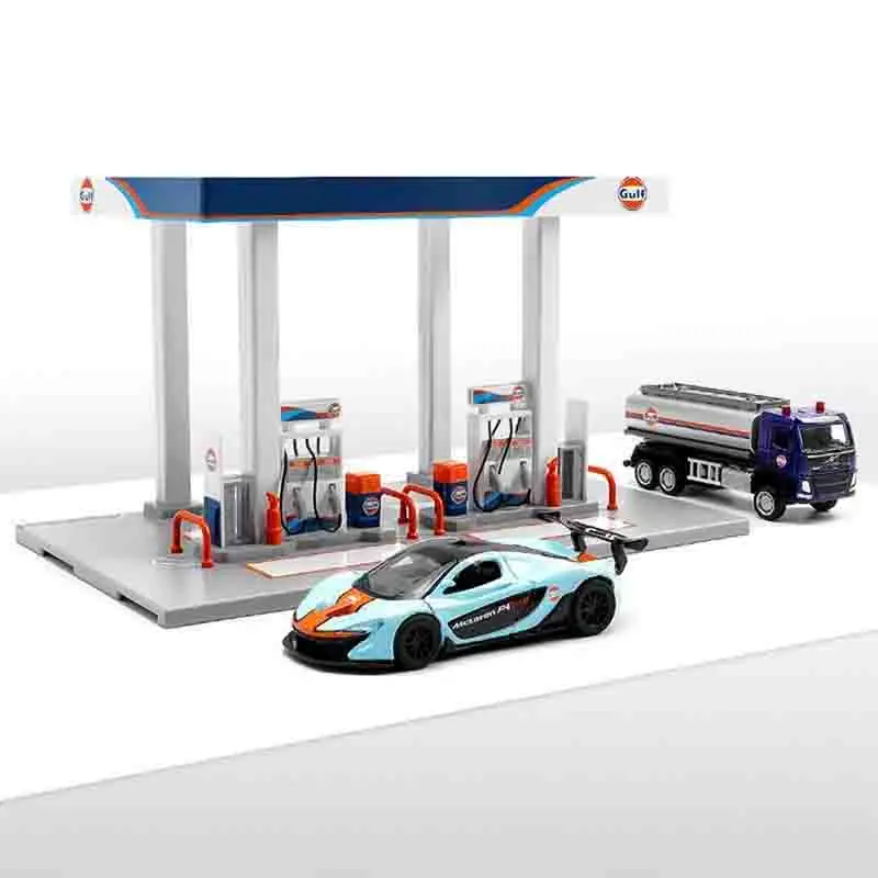 Simulierte Shell Bay Tankstelle Montage Spielzeug Thema Legierung Auto Modell Aufkleber Set kinder Spielzeug byFiFi Spielzeug