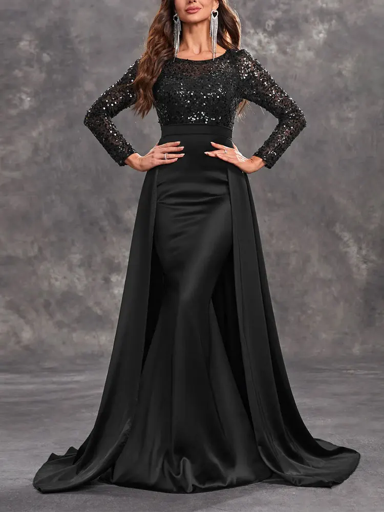 Dubai árabe preto mancha sereia mãe da noiva vestido longo sheer neck mangas compridas elegantes vestidos de noite baile de formatura dre