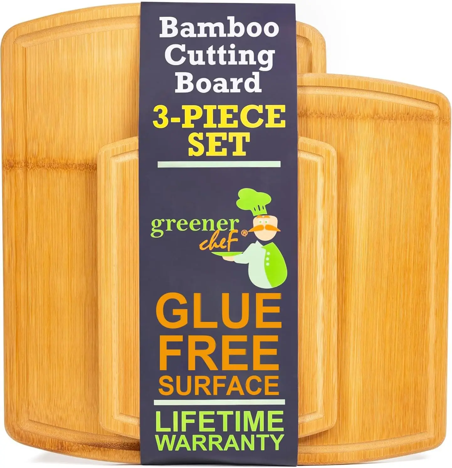 Organic Bamboo Cutting Board Set of 3 – No Glue Design, 62% More Cutting Area, Lifetime Replacements