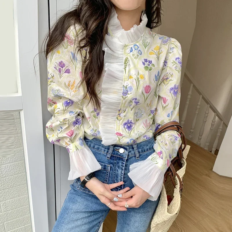 

French romantic high-necked stitching ruffled shirt women's early autumn new color printing design trumpet sleeve top