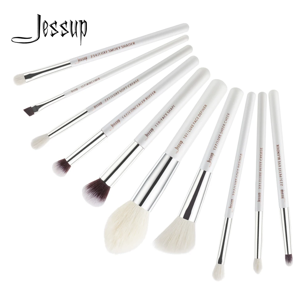 Jessup pennelli 10 pezzi Kit pennelli trucco professionale bianco perla/argento setola naturale pennelli trucco Definer Shader T243