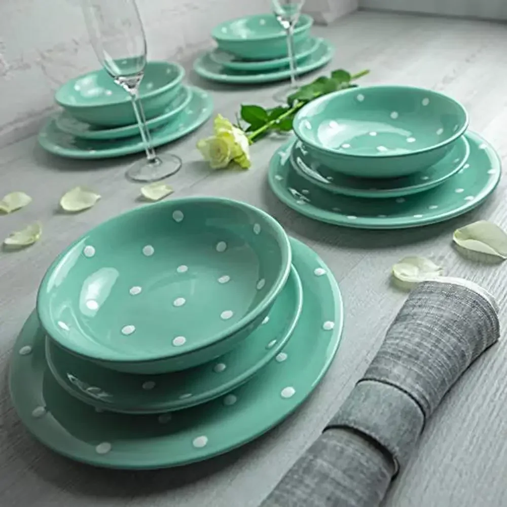 12-Piece Handmade Polka Dot Ceramic Dinnerware Set Tableware Service 4 Plates Bowls Teal Blue White Eco-Friendly Wedding Gift