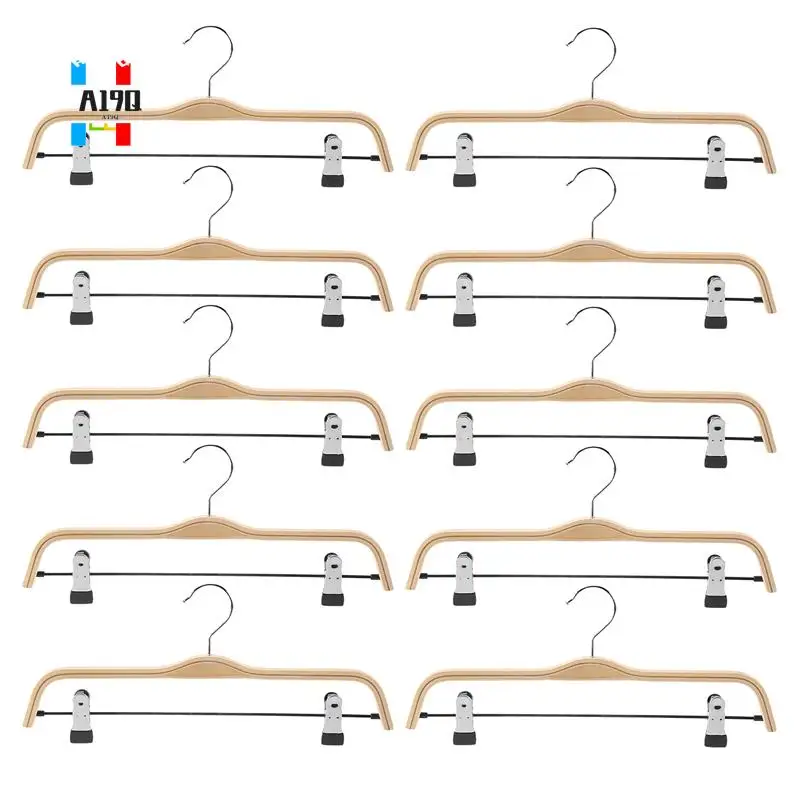 

A19Q-10 Pack Solid Finish Wooden Trousers/Skirt Hangers With Anti-Rust Clips Coat Clothes Hangers