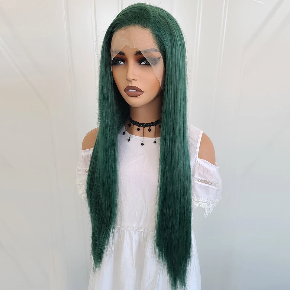 برناردو شعر مستعار أخضر داكن 13X4 الاصطناعية الدانتيل الجبهة الباروكات للنساء 26 بوصة طويل مستقيم الشعر ألياف مقاومة للحرارة غلويليس الباروكات