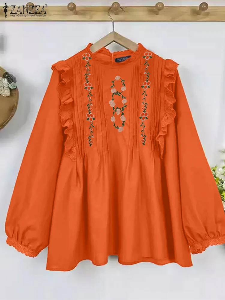 

Autumn Elegant Long Sleeve Floral Embroidery Shirt ZANZEA Spring Women Blouse Stylish Ruffle Work Tops Tunic Pleated Blusas 2025