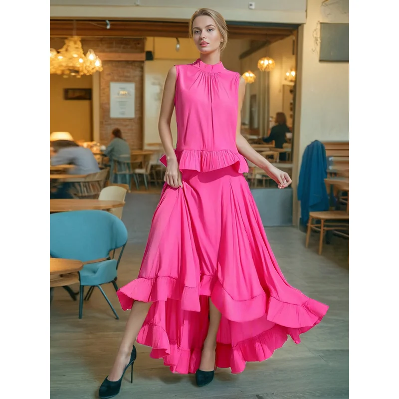 

High-end Fashion Casual Skirt Set For Women 2025 Summer Sleeveless Vest Ruffles Pure Color Asymmetry Skirt Two-piece Set