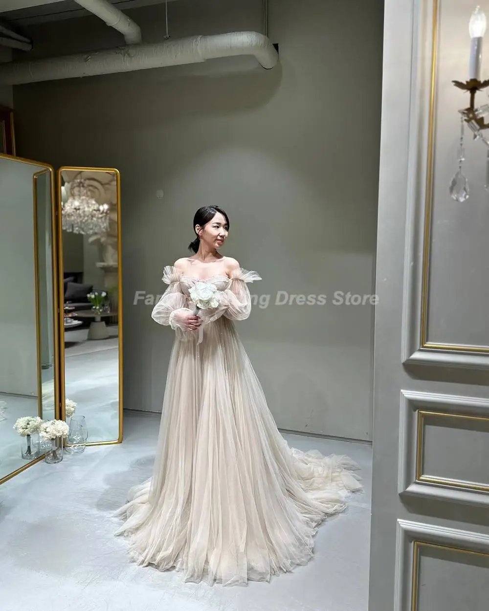 Fancy Shiny Korea Off Shoulder Wedding Dress Photo Shoot Soft Tulle Long Sleeve Bridal Gown Floor Length Fairy Bridal Dresses