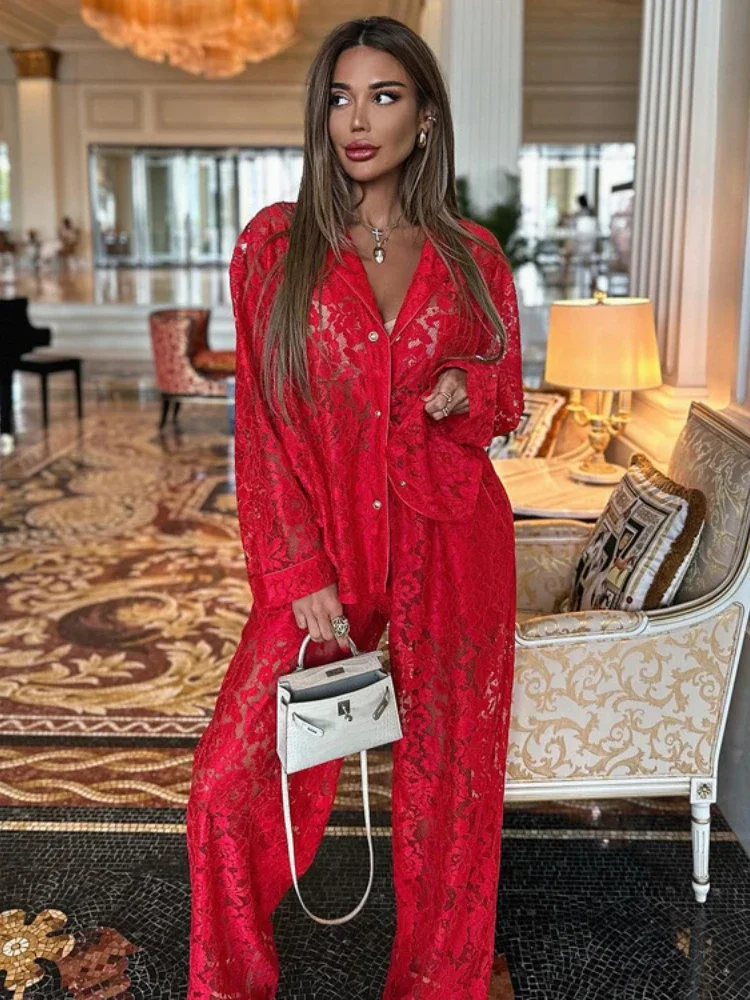 Red Sexy Y2k Lace 2-Piece Autumn Fashion Spice Girl Hollow Perspective Lapel Shirt Wide Leg Trousers Elegant Commuter Suit Women