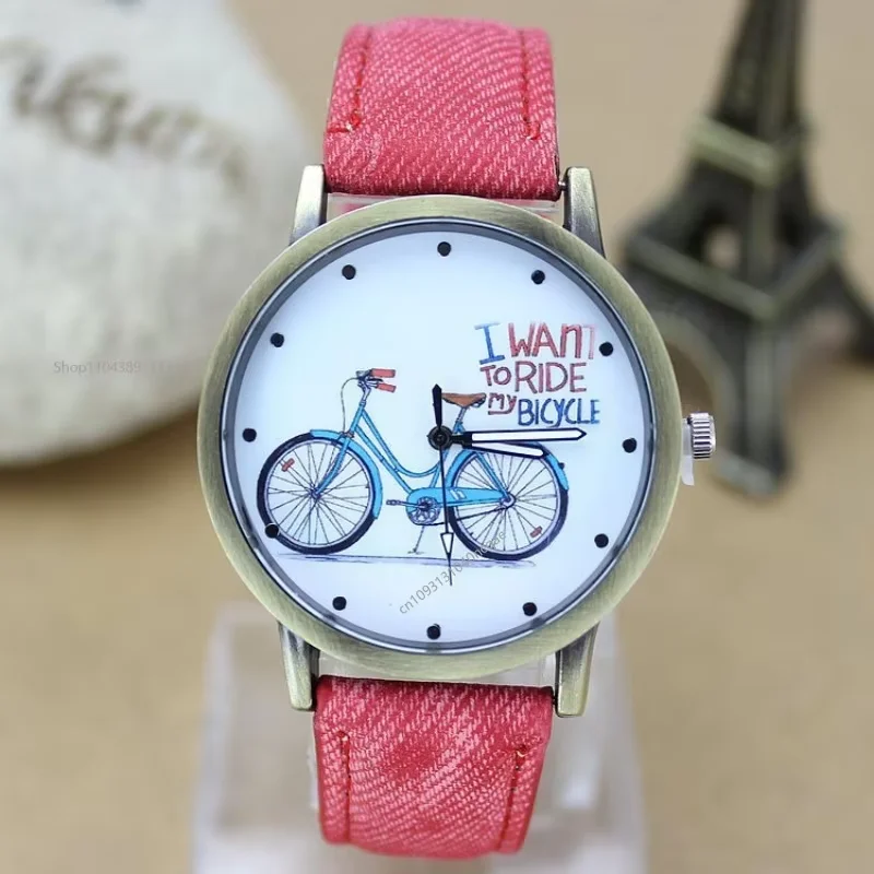 แฟชั่นจักรยานผู้หญิงนาฬิกา Jean ผ้าสายหนังสุภาพสตรี Casual ควอตซ์นาฬิกา Relogio Feminino