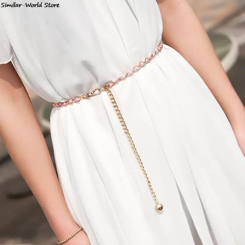 

Fashion Elegant Ladies Metal Adjustable Thin Ladies Waist Chain Women Strap Dress Belt Pearl Decorative Clothess Accessories