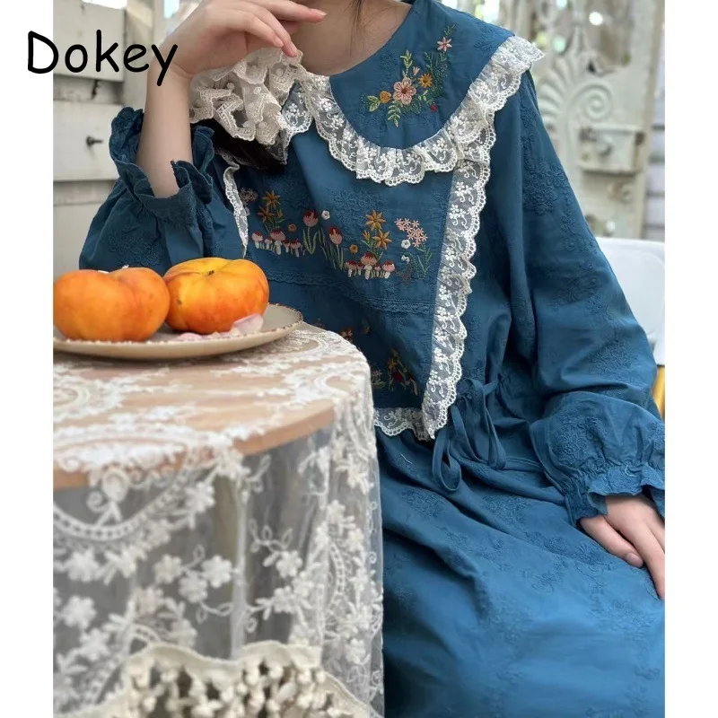 

Vintage Embroidery Lace Ruffled Cotton Linen Dress Women Autumn Japanese Mori Girl Peter Pan Collar Long Sleeve Kawaii Mid Dress