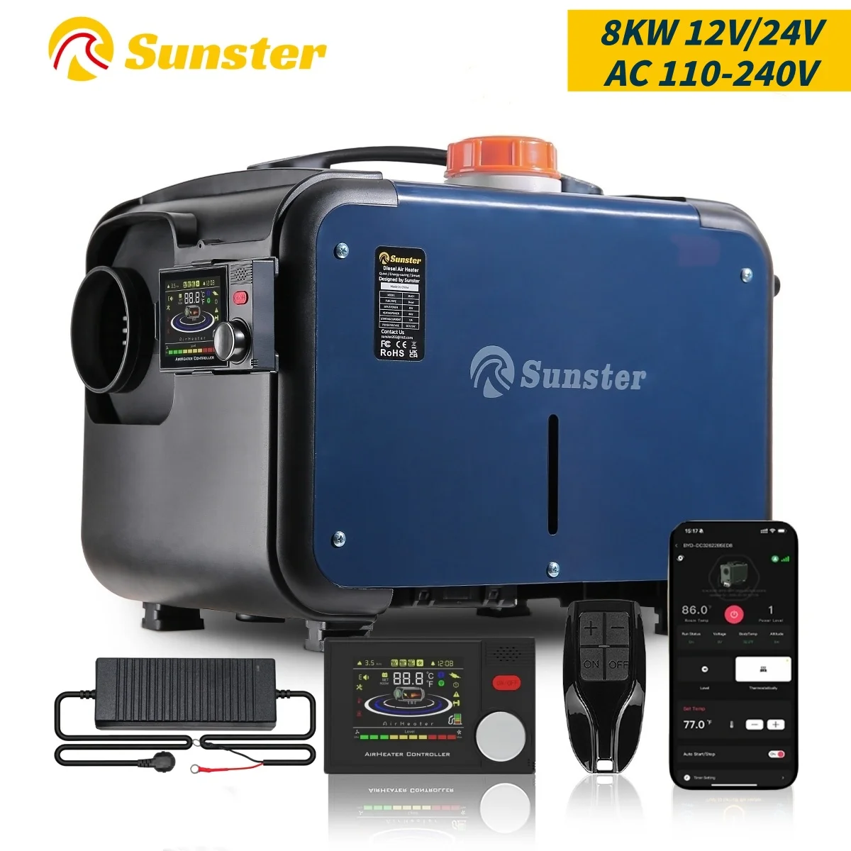 8KW 12V&24V 220V Tragbarer Diesel-Lufterhitzer mit Bluetooth-App-Steuerung und automatischer Höhen-Nachtfunktion für Wohnmobile, Autos, Campervans und Zuhause